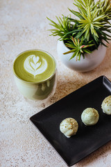 hot mocha green tea latte with candies