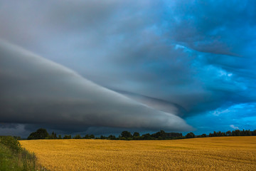 Storm clouds with shelf cloud and intense rain