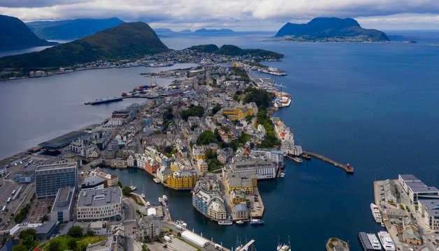 City Centre of Alesund from the Fjellstua Viewpoint on top of the mount Aksla, More og Romsdal, Norway. Aerial drone shot. July 2019