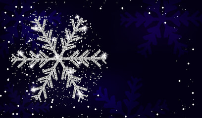 Christmas and New Year navy blue background with silver snowflake. Xmas decoration. Template for greeting card, banner or poster. Vector