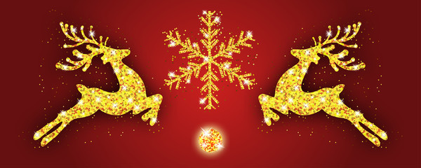 Christmas pattern gold deer and snowflake. Xmas decoration with reindeer. Happy New Year red background. Template for greeting card, banner or poster. Vector