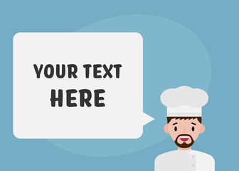 Smiling flat style cook character with speech bubble for custom message