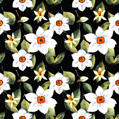 Seamless pattern with narcissus and leaves watercolor illustration on dark background