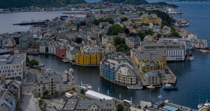 City Centre of Alesund from the Fjellstua Viewpoint on top of the mount Aksla, More og Romsdal, Norway. Aerial drone shot. July 2019