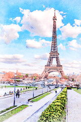 Fototapeta na wymiar Beautiful Digital Watercolor Painting of the Eiffel Tower in Paris, France.