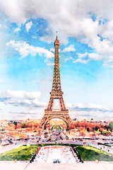 Fototapeta na wymiar Beautiful Digital Watercolor Painting of the Eiffel Tower in Paris, France.