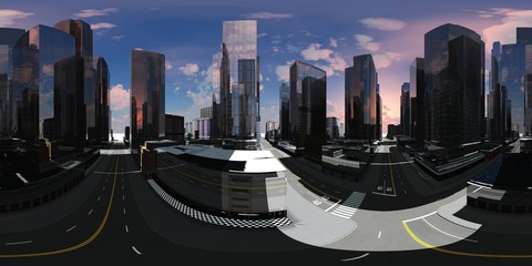 Naklejka na ściany i meble Panorama of the city. Environment map. HDRI map. equidistant projection. Spherical panorama. 3D rendering