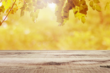 Naklejka na ściany i meble Wooden table and blurred leaf nature autumn background.