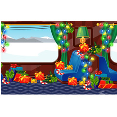 View from window of a train decorated in Christmas style. Gift boxes with ribbon bow. Holiday trip and travel. Sample of poster, party invitation, festive card. Vector cartoon close-up illustration.