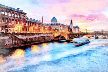 Beautiful Digital Watercolor Painting of the Seine river at sunset in Paris, France.