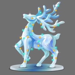 Ice figurine form of a deer decorated with glowing garland isolated on grey background. Sample of poster, party holiday invitation, festive card. Vector cartoon close-up illustration.