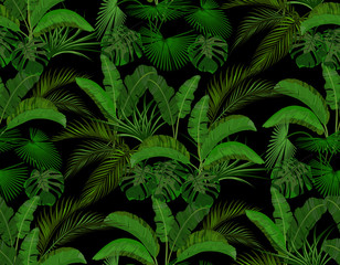 Naklejka na ściany i meble Green leaves of tropical palm trees. Monstera, agave, banana. Seamless on the black background. illustration