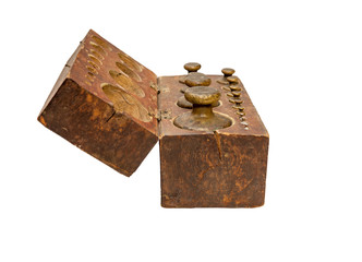 Vintage weights in a wooden box