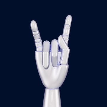 Isolated on blue artificial hand showing horns geisture