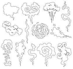 Cartoon smoke and dust clouds. Comic puff and steam vector set. Comic white stench aroma or smell illustration.