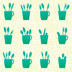 Forks, spoons and knives in a cup, hand drawn dots in the background. Seamless pattern, transparent background. Easy to edit colors in Illustrator.
