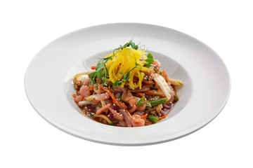 Wok with shrimps and green beans isolated on white