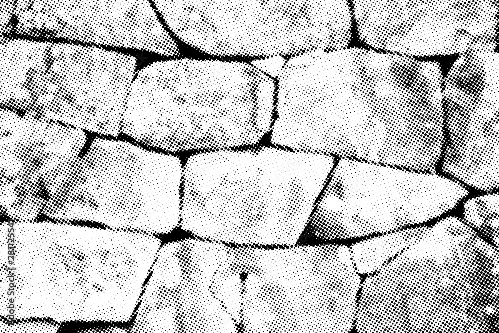 Poster halftone vector stone wall texture overlay. monochrome abstract splattered background.