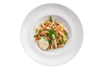 Wok with chicken, egg and green beans isolated on white