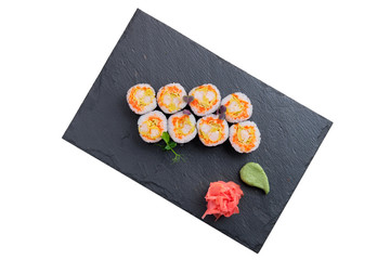 Set of rolls with omelette and shrimp isolated on white