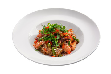 Wok with salmon and green beans isolated on white