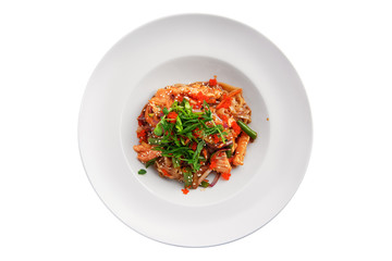 Wok with salmon and green beans isolated on white