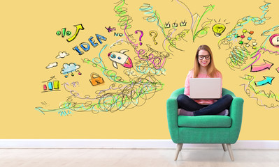 Many thoughts with young woman using her laptop in a chair