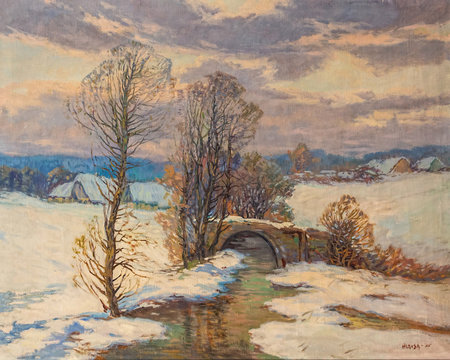 Old oil painting of rural winter landscape with traditional Czech village and a small brook by Czech painter Hlavsa from 1925
