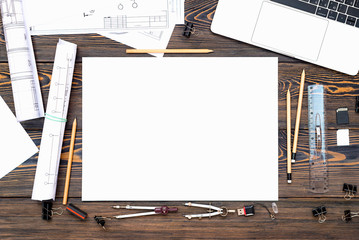 Architectural plans, pencil and ruler on the table. Place for your text