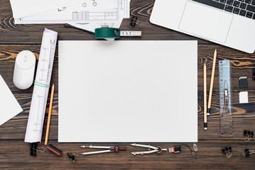 Architectural plans, pencil and ruler on the table. Place for your text