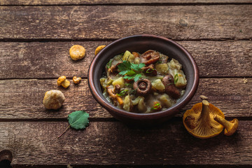 Delicious potato and mushrooms ragout, vegeterian dish, copy space