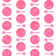 Seamless cutlery and circle pattern, transparent background. Cutlery silhouettes are inside the circle. Bigger spoons are horizontally between the circles. Easy to edit colors in Illustrator.