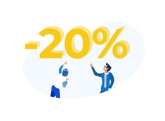 Cartoon Man and Woman Point to Percent Discount