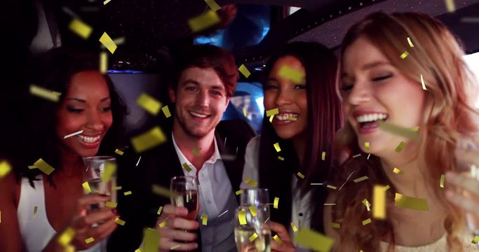 Group of friends celebrating in a limousine 4k