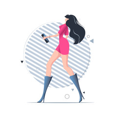 Walking young woman in short dress and high heels, conceptual vector illustration.