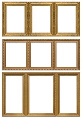 Set of triple golden frames (triptych) for paintings, mirrors or photos isolated on white background