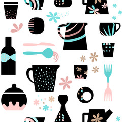 Seamless tableware silhouette pattern in Scandinavian style, transparent background. Easy to edit colors in Illustrator.