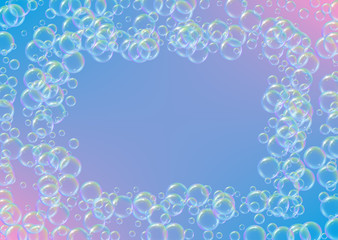 Fototapeta na wymiar Bubble background with shampoo foam and detergent soap. Minimal spray and splash. Realistic water frame and border. 3d vector illustration poster. Rainbow colorful liquid bubble background.
