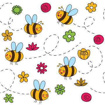 Cute seamless pattern with bees and flowers. Hand Drawn vector illustration. Wrapping paper pattern. Background with vector cartoon elements.
