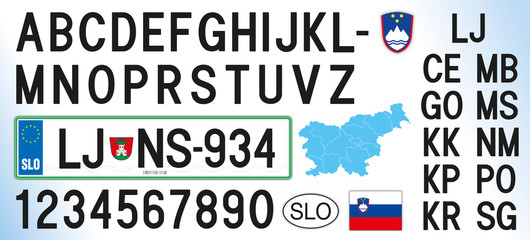 Slovenia car license plate, letters, numbers and symbols, vector illustration, European Union - obrazy, fototapety, plakaty