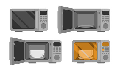 Microwave oven. Vector set  illustration. Power off, open, with dish, power on. An automatic appliances used for cooking