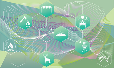 Fototapeta premium Poster with Set of travel and camping equipment icons