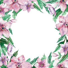 Watercolor square pink floral frame with flowers and central white copy space for text. Decorative christmas rose.