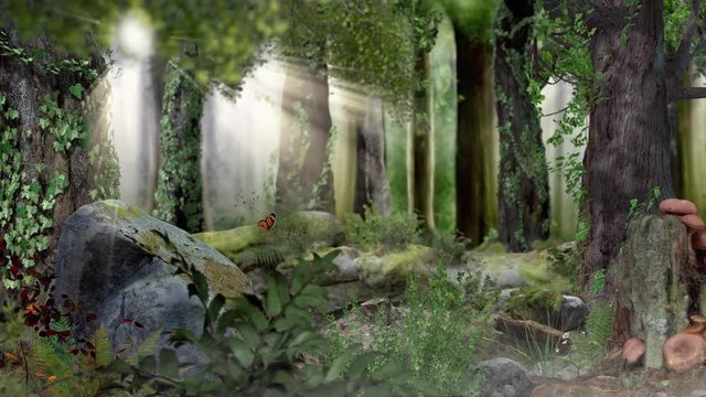 Magic fairytale forest with sunshine
