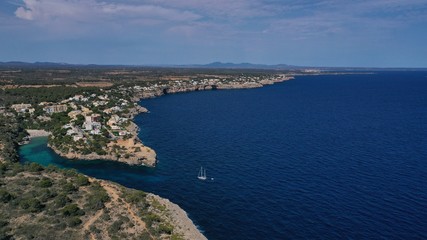 Naklejka na ściany i meble drone, aerial, photography, yatch, luxury, port, sailboat, Mallorca, Island