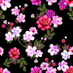 Pattern with spring flowers Pattern with spring flowers with branch, on black background with flower silhouette