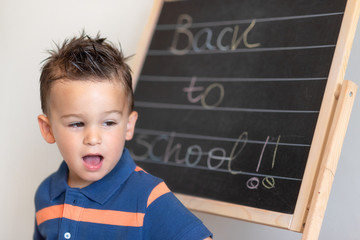 Portrait of little elementary school pupil with text of Back To School on the blackboard .