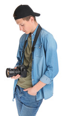 Fototapeta na wymiar Teenage boy with photo camera on white background