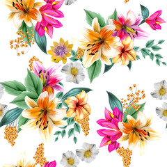 Digital painting of leaf and flowers, seamless pattern 