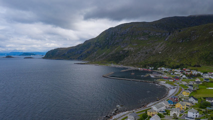Coast in Alnes, Godoy island, Alesund, Norway. Aerial(drone) shot. July 2019.